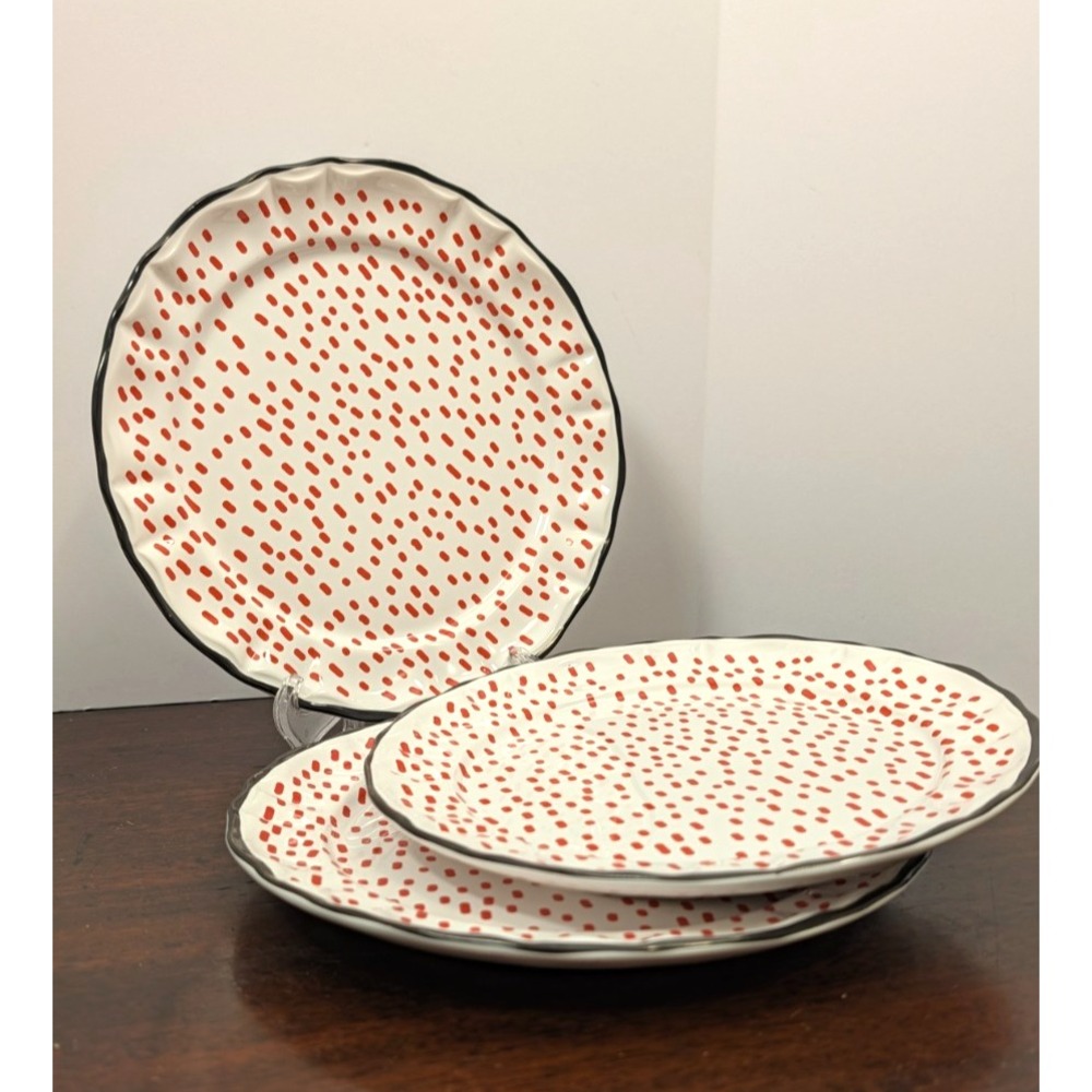 Set of 3 Red White Polka Dot Scalloped Luncheon Plates Made in Portugal 8"